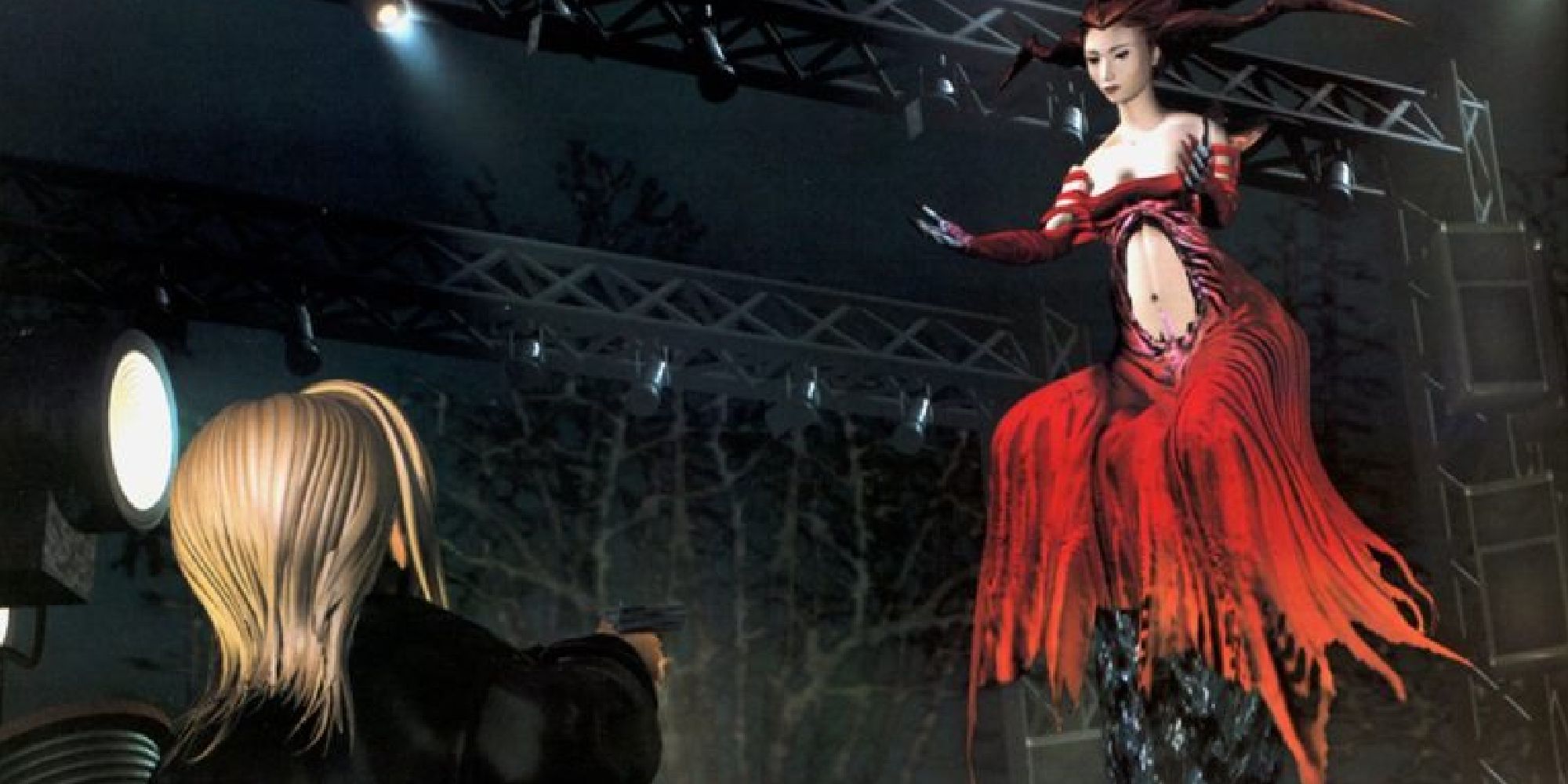 The protagonist of Parasite Eve facing off against a woman in red, looming ominously over her.