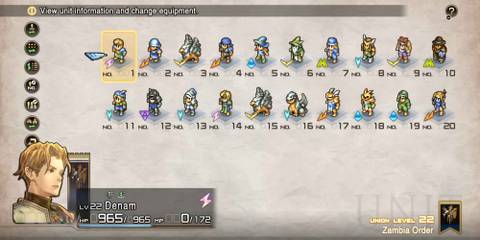 Viewing the available units in Tactics Ogre Reborn