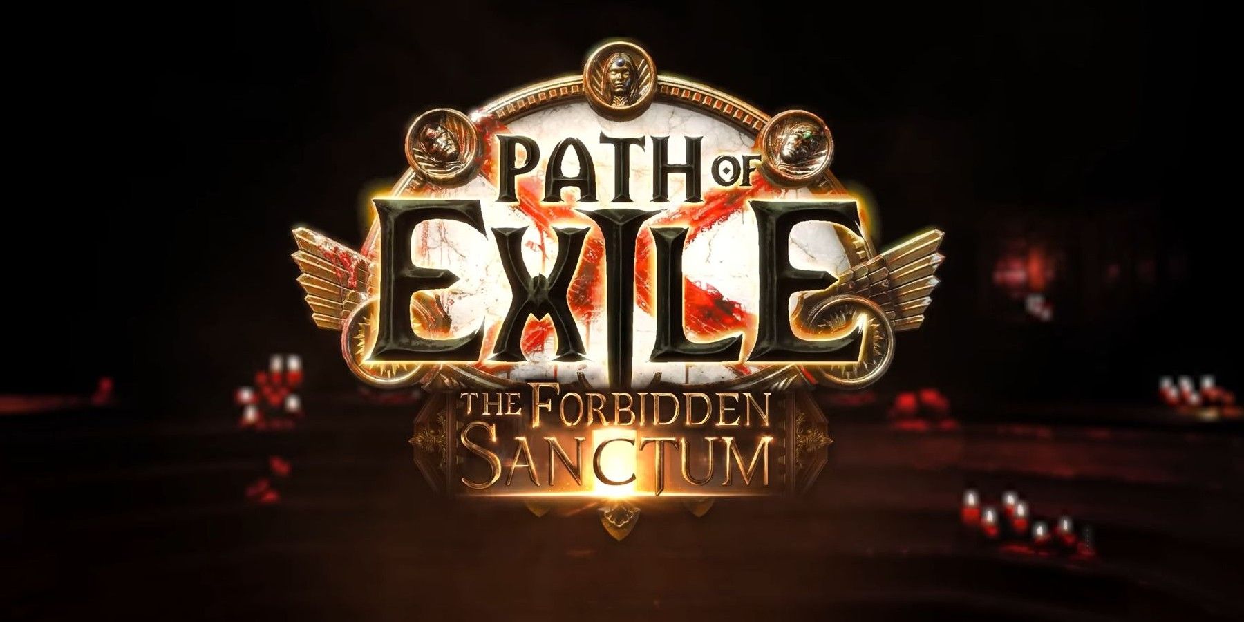 Path of Exile The Forbidden Sanctum logo over a dark spooky room