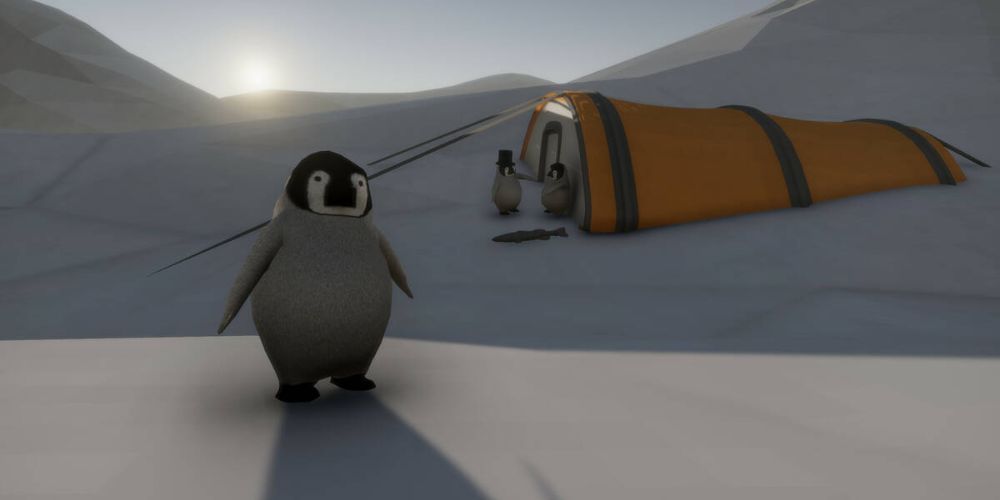 Penguin surrounded by ice with other penguins and igloo in background from the greatest penguin heist of all time