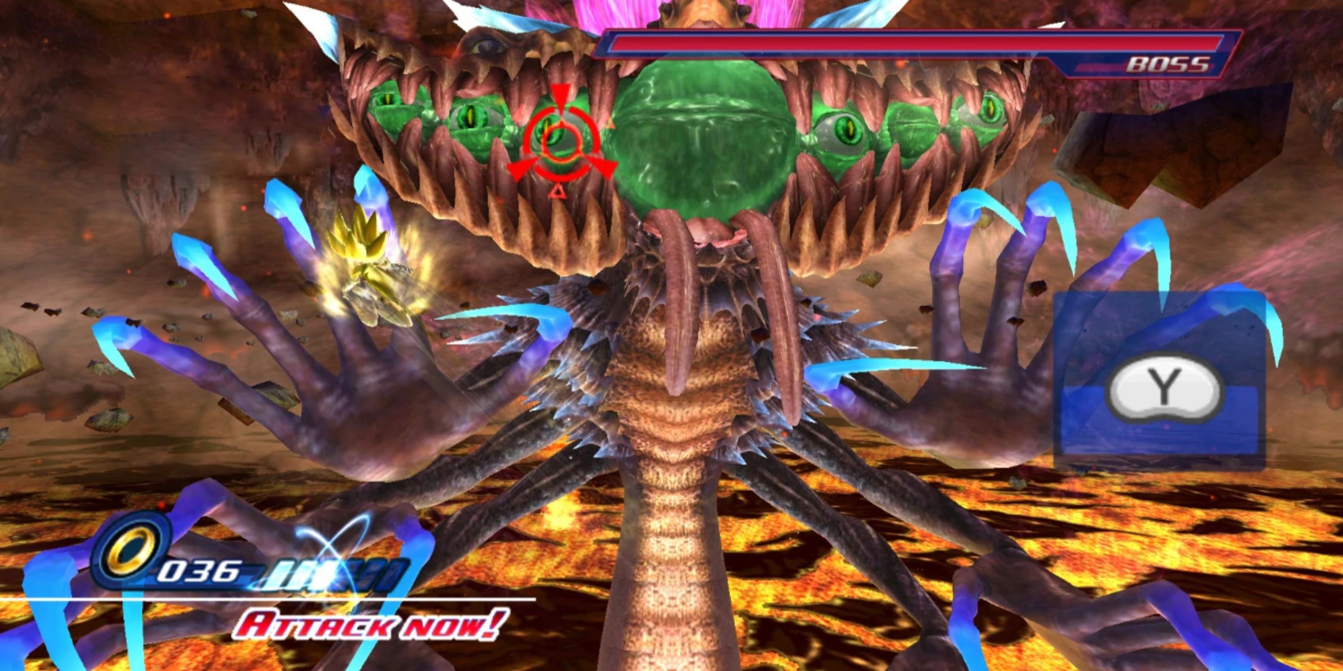 The fight with the final boss, Super Sonic aiming for one of Perfect Dark Gaia's eyes