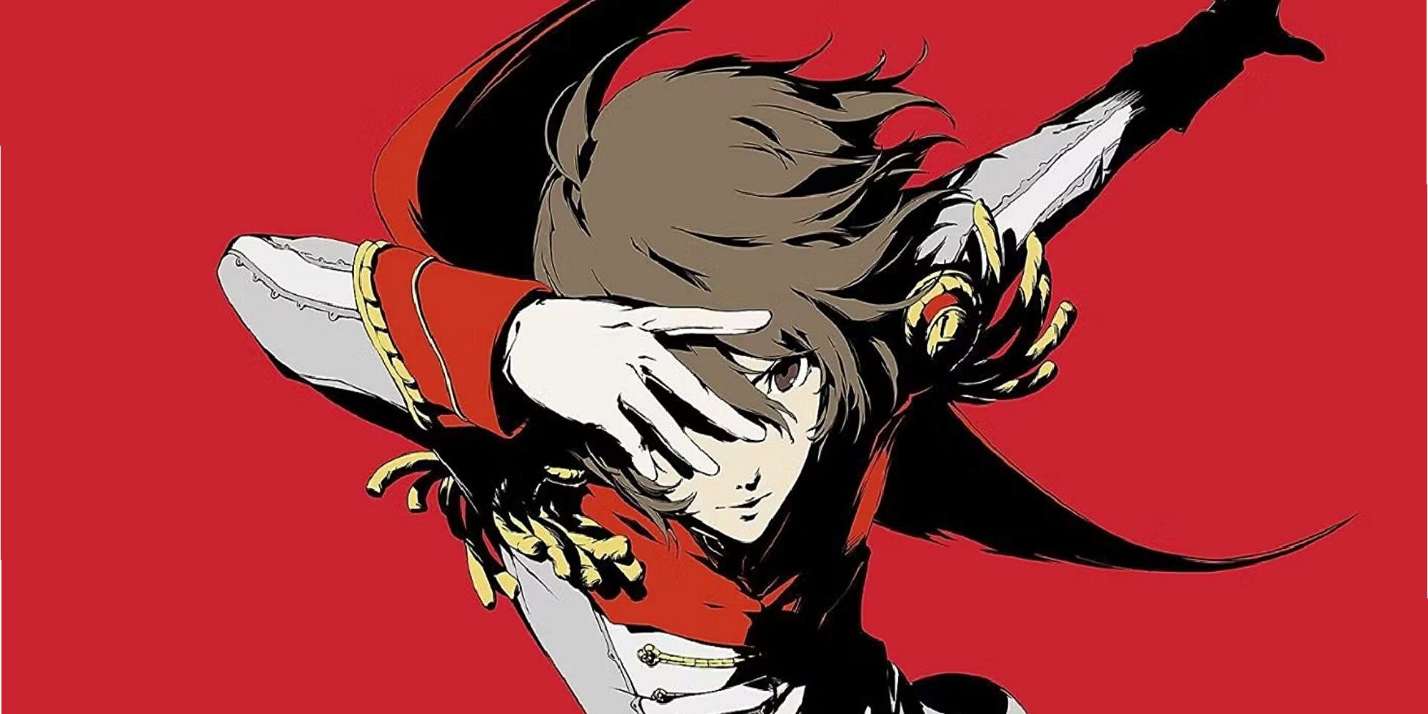 Goro Akechi in his Crow disguise, standing in a battle-ready stance against a vivid red backdrop. 