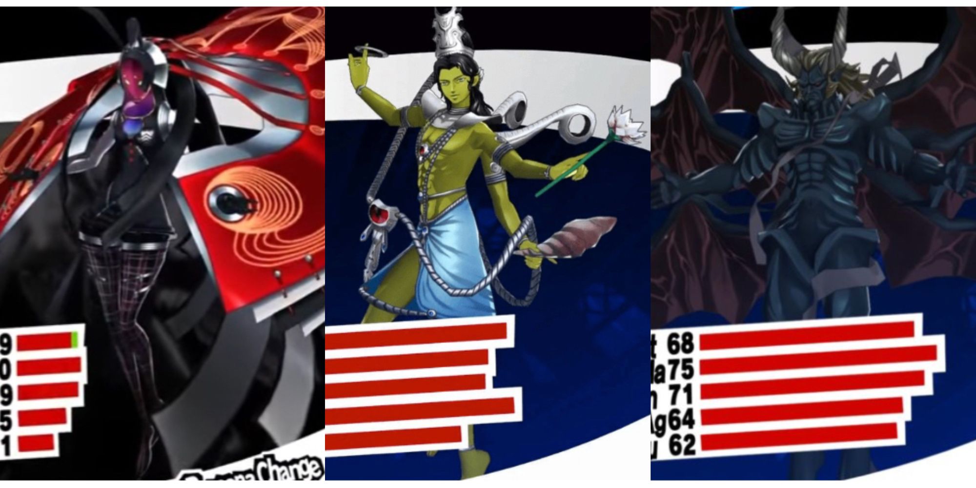 split image of Kaguya Picaro, Vishnu, and Lucifer in Persona 5 Royal