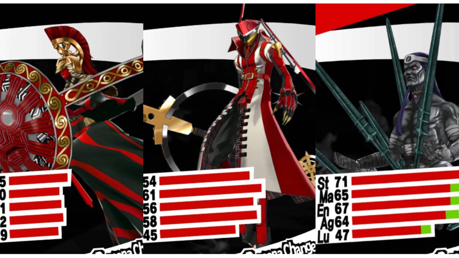 split image of Athena Picaro, Izanagi-no-Okami Picaro, and Futsunushi Personas in Persona 5 Royal