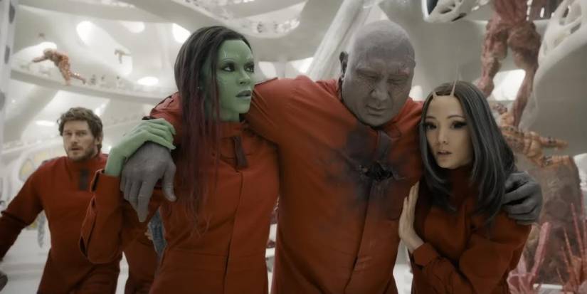 peter quill, gamora, drax and mantis prison break in guardians of the galaxy 3