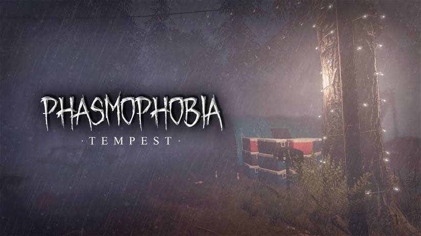 Image from the Phasmophobia Tempest update showing the campsite being rained on.