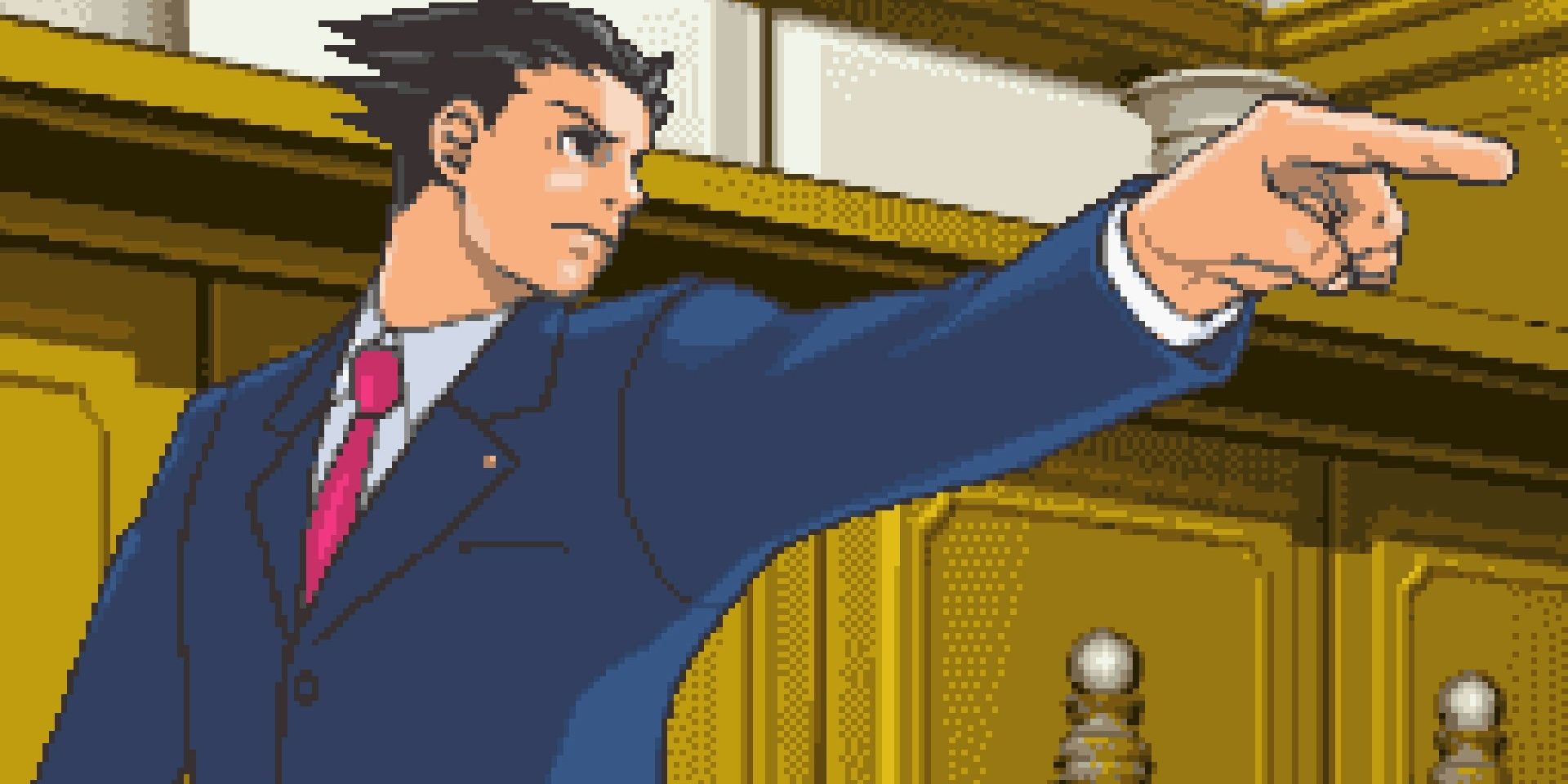 Phoenix Wright pointing in the court room in Ace Attorney