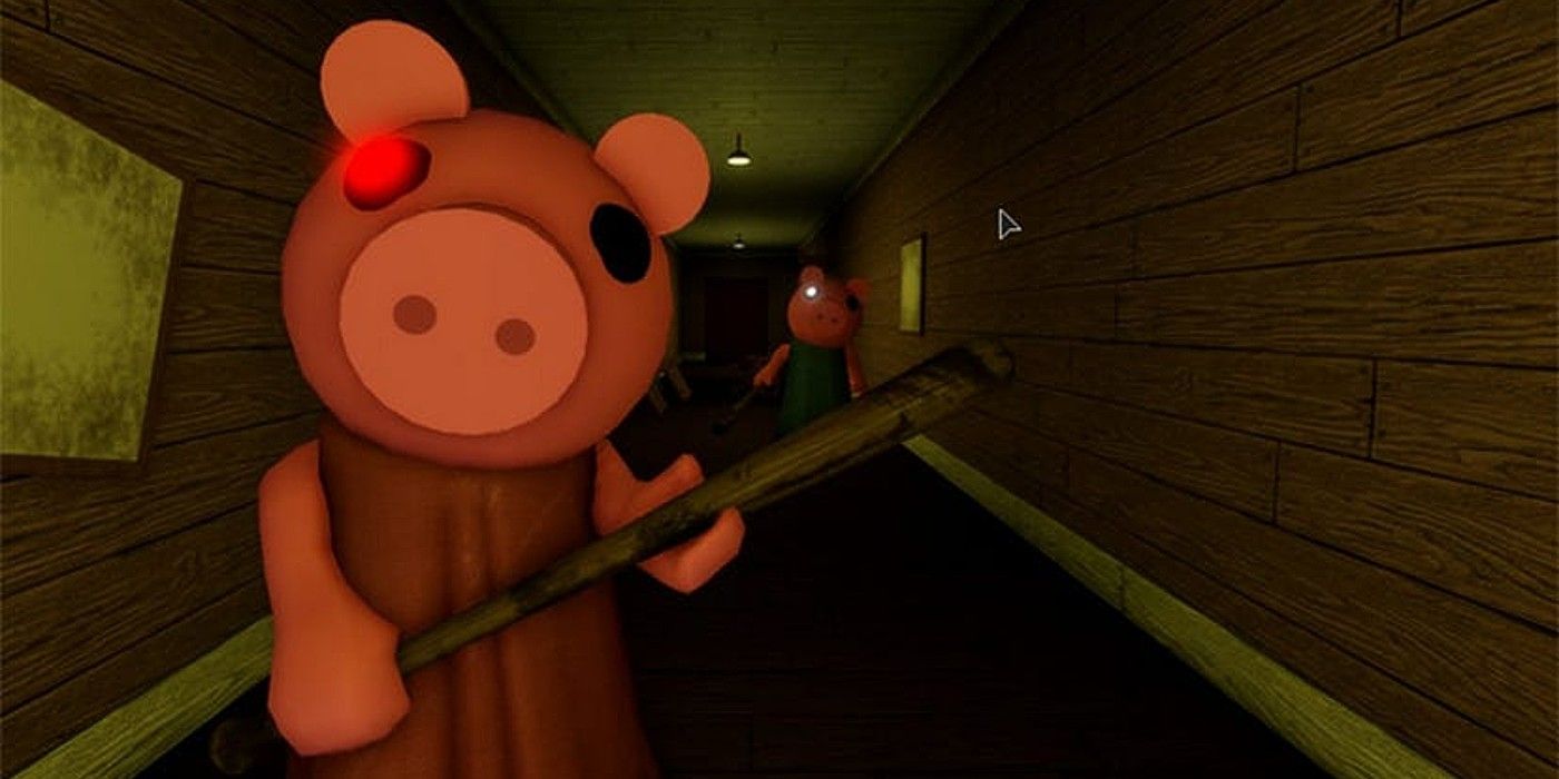 Piggy Roblox game glowing eye pig figure holding bat in dark coridor