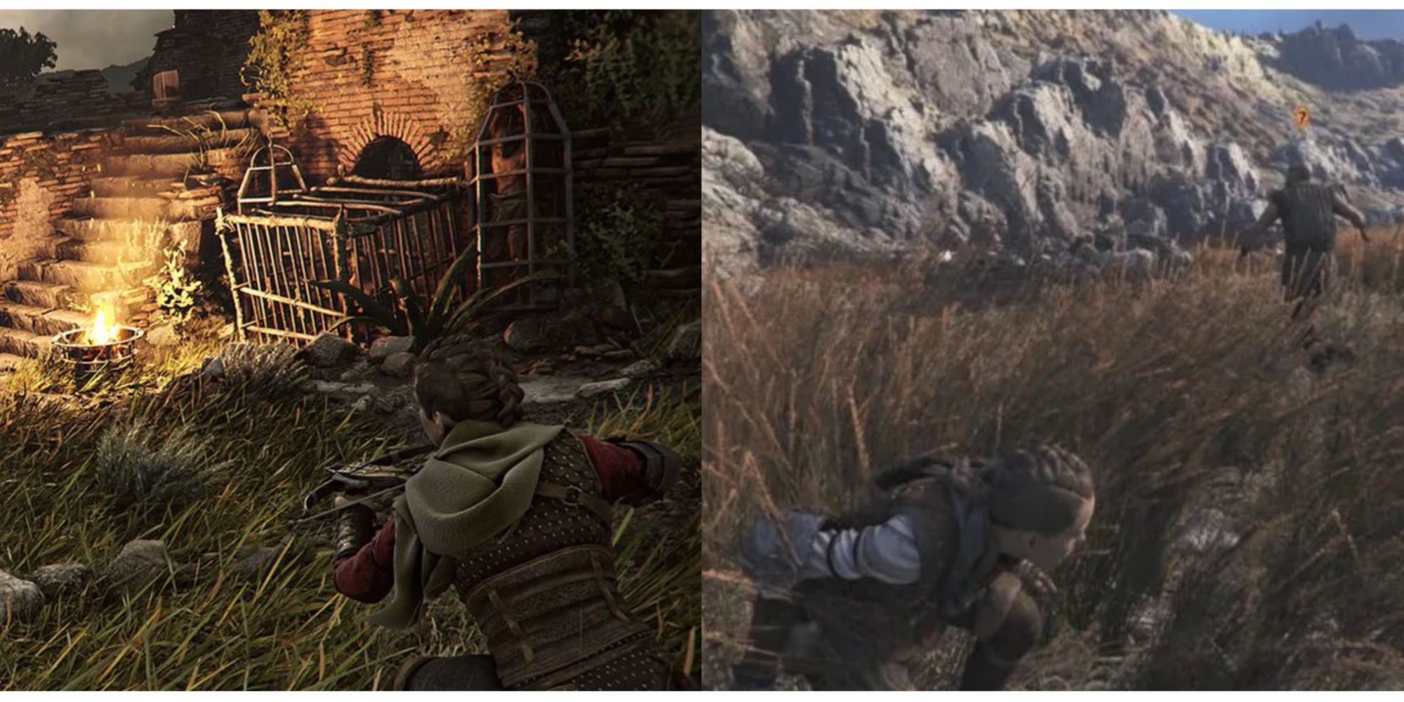 split image of Amicia being stealthy in A Plague Tale: Requiem