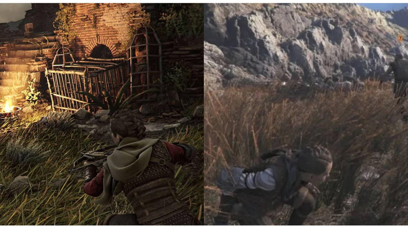 split image of Amicia being stealthy in A Plague Tale: Requiem