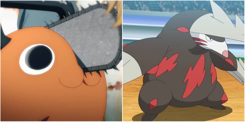 Two way split grid of Pochita from Chainsaw Man and Excadrill from Pokemon