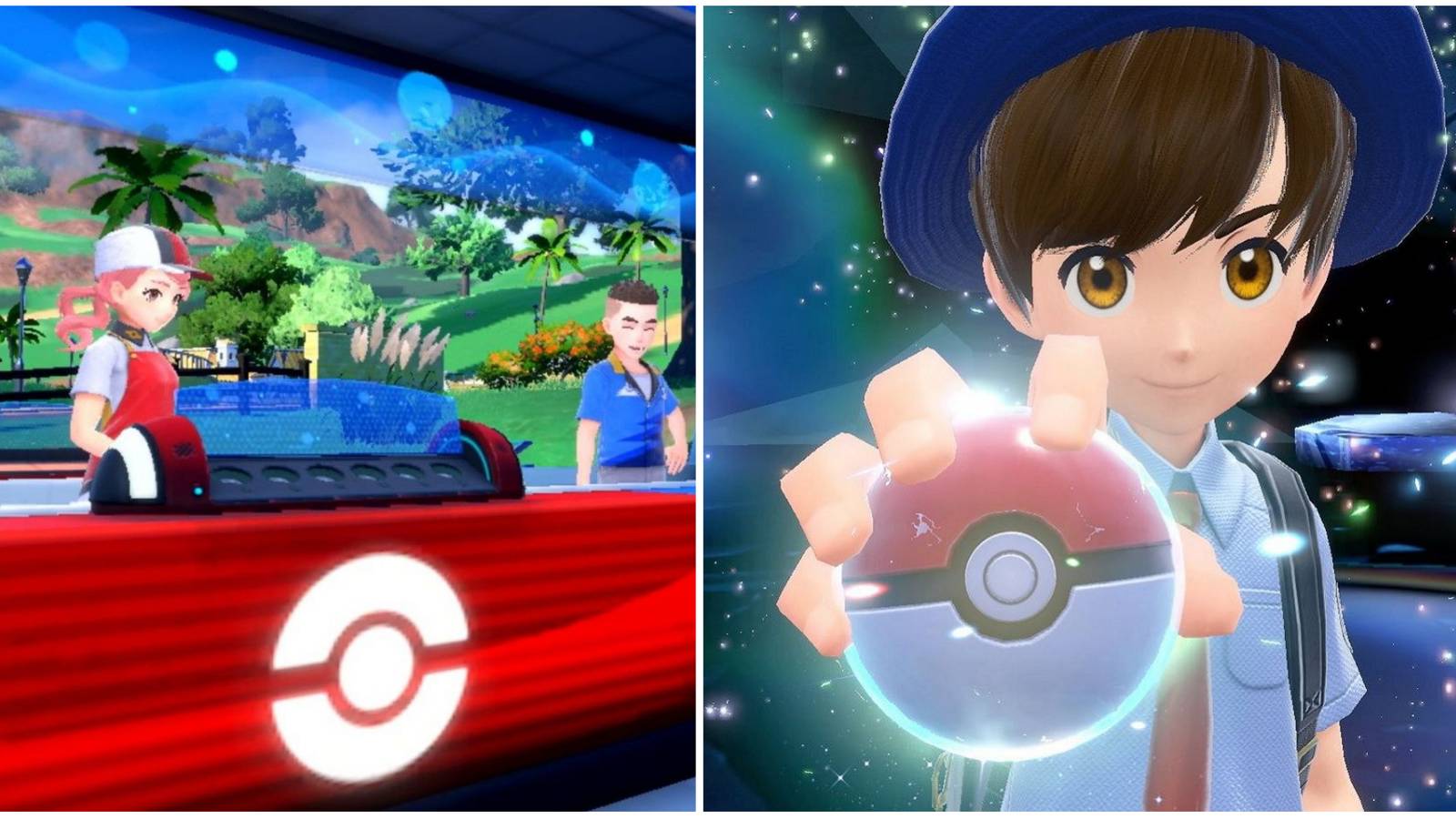 pokemon center and character holding poke ball