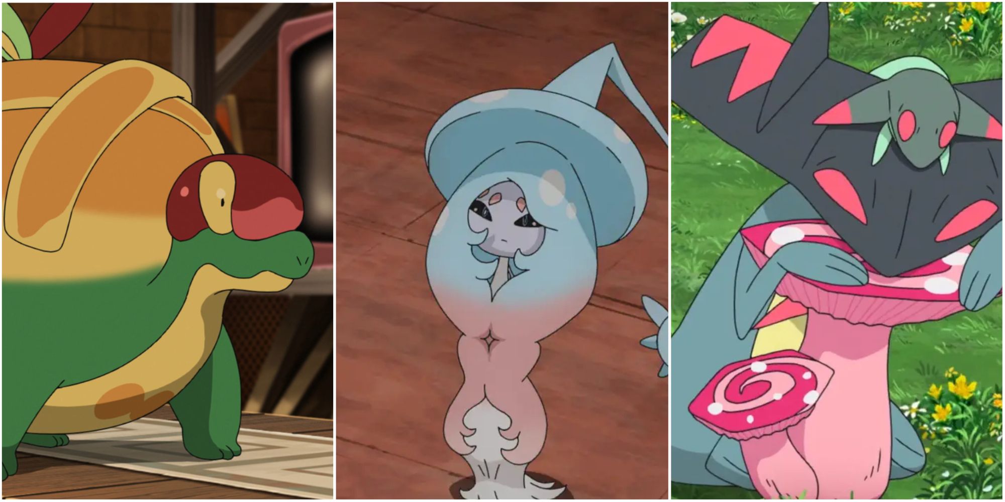 Three way split grid of Appletun, Hatterene, and Drakloak from the Pokemon Anime