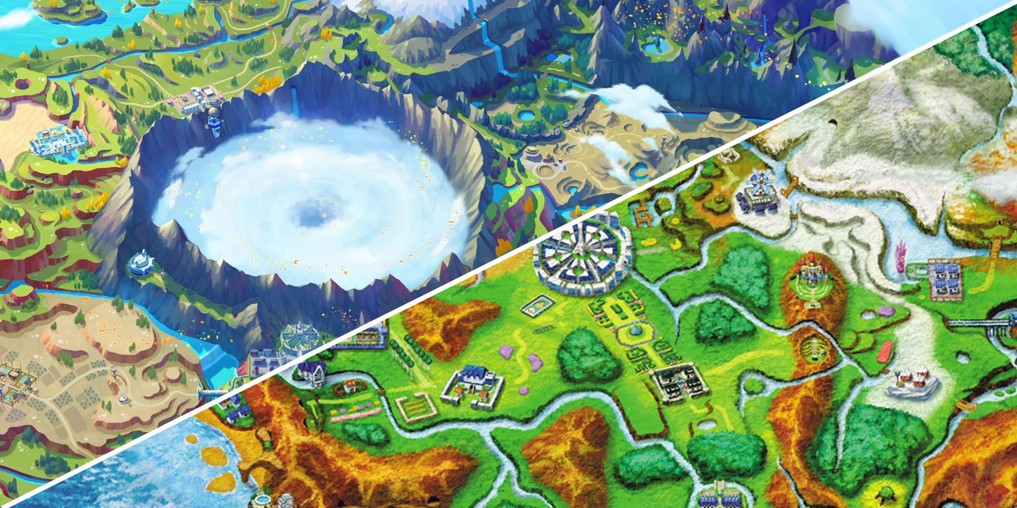 Official artwork of the Pokemon region maps of Paldea and Kalos 