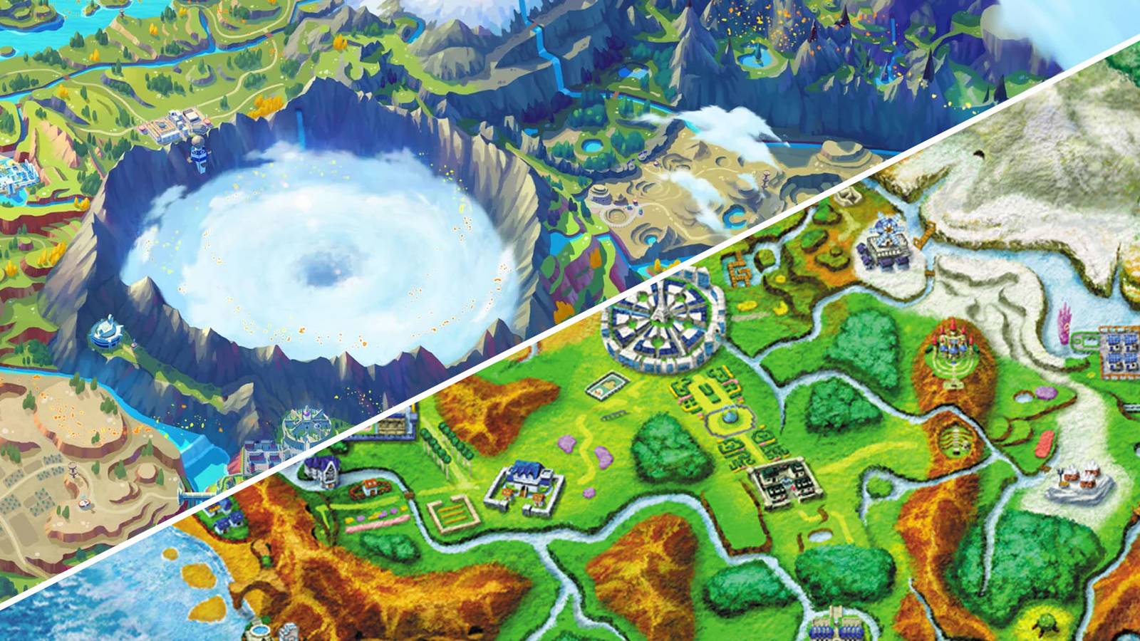 Official artwork of the Pokemon region maps of Paldea and Kalos 