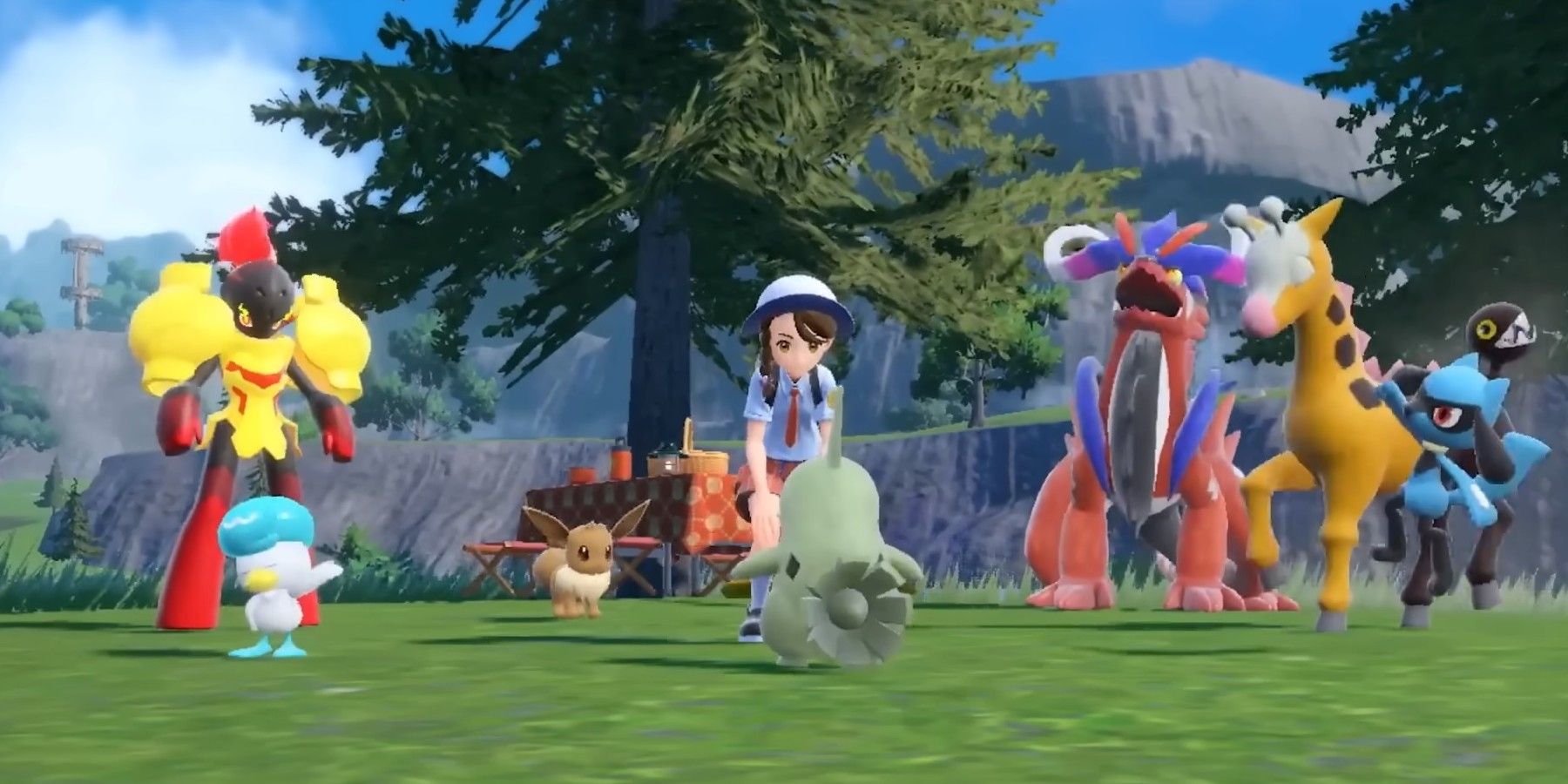 A player surrounded by their pokemon in Scarlet and Violet