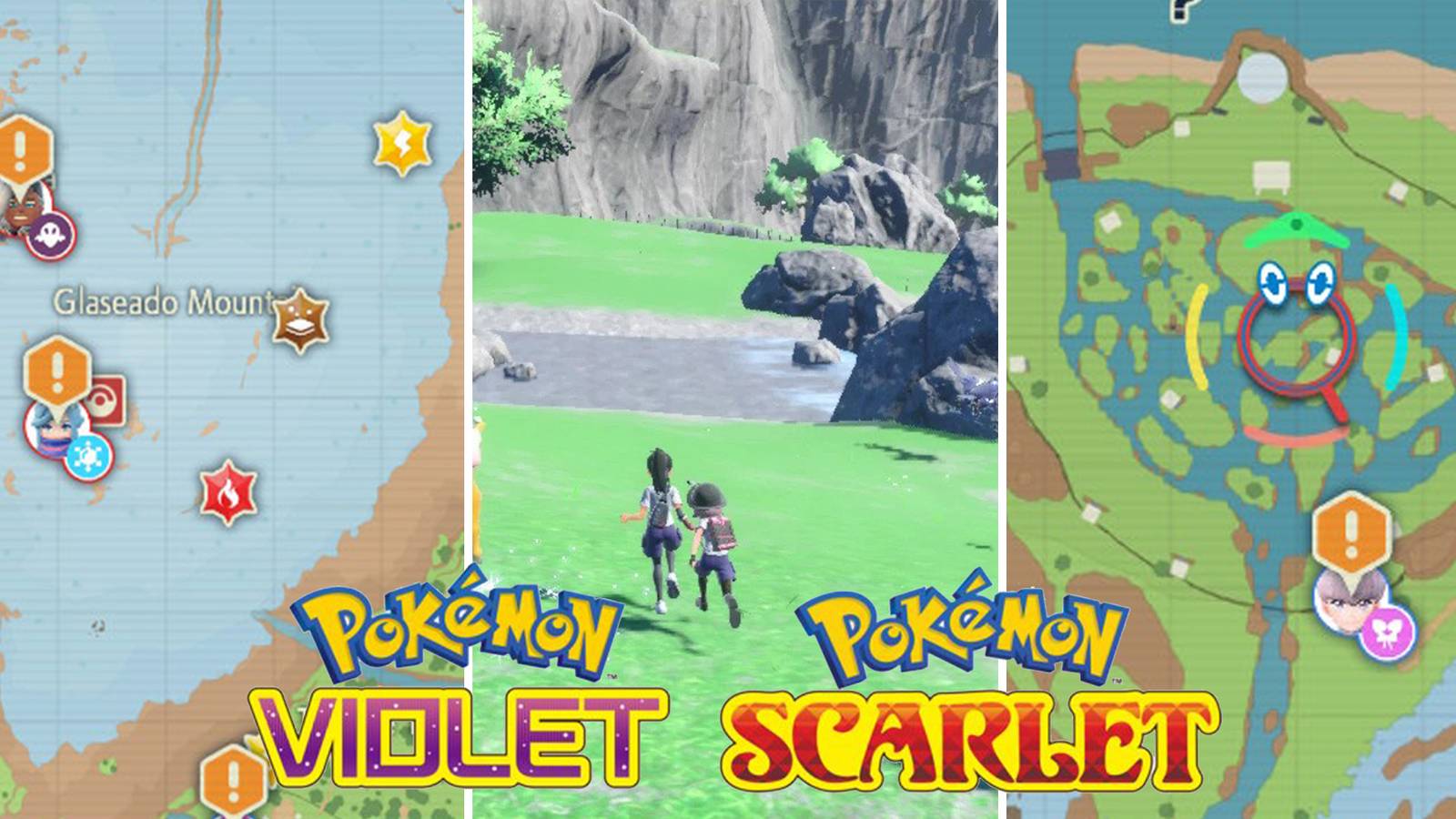 A split image featuring Pokemon Scarlet and Violet's in-game map and and two characters running