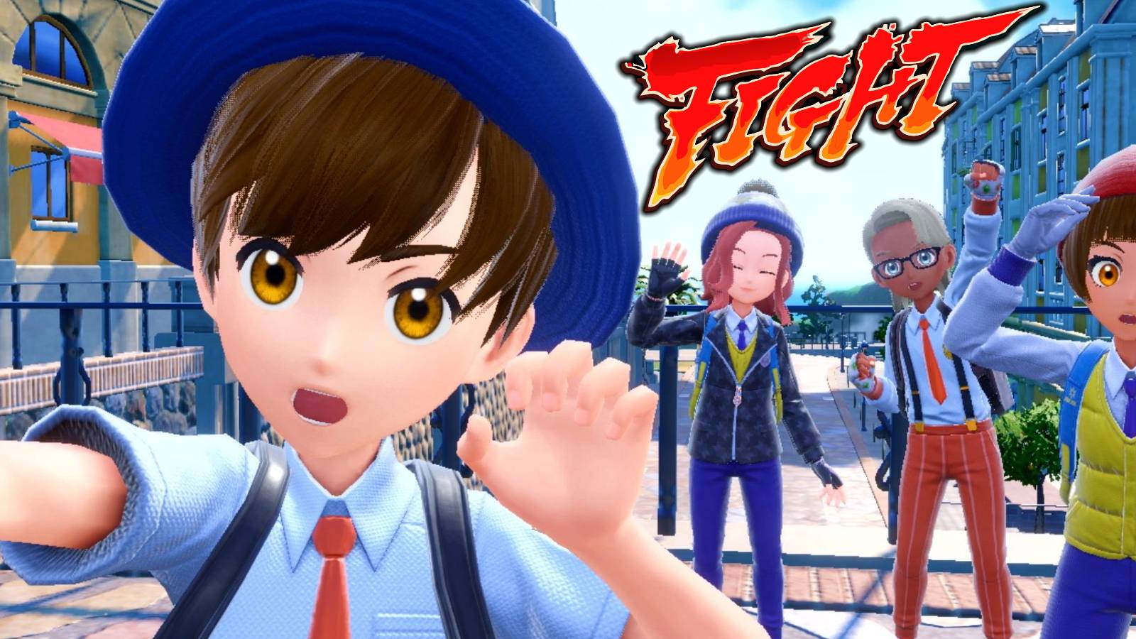 Pokemon Scarlet and Violet trainers superimposed with Fight graphic