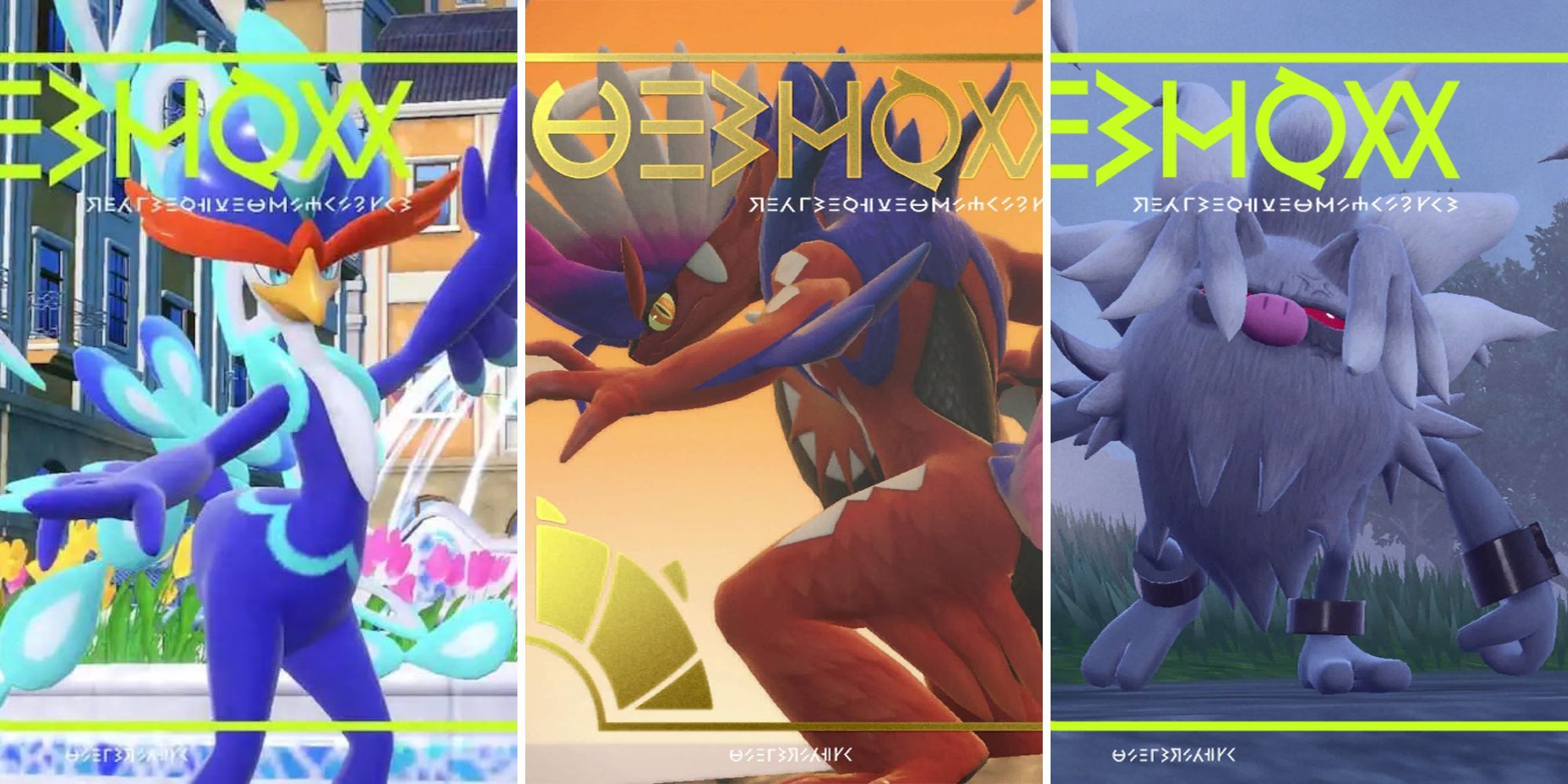 The pokedex covers for three fighting type entries in the game Pokemon Scarlet and Violet