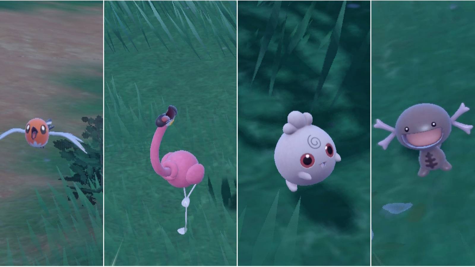 Pokemon Scarlet Violet, left to right: Fletchling, Flamigo, Igglybuff, Paldean Wooper