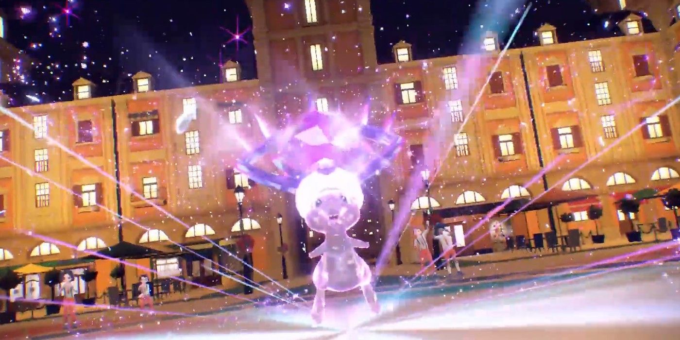 Pokemon Scarlet Violet Mew terastallize power in front of building 
