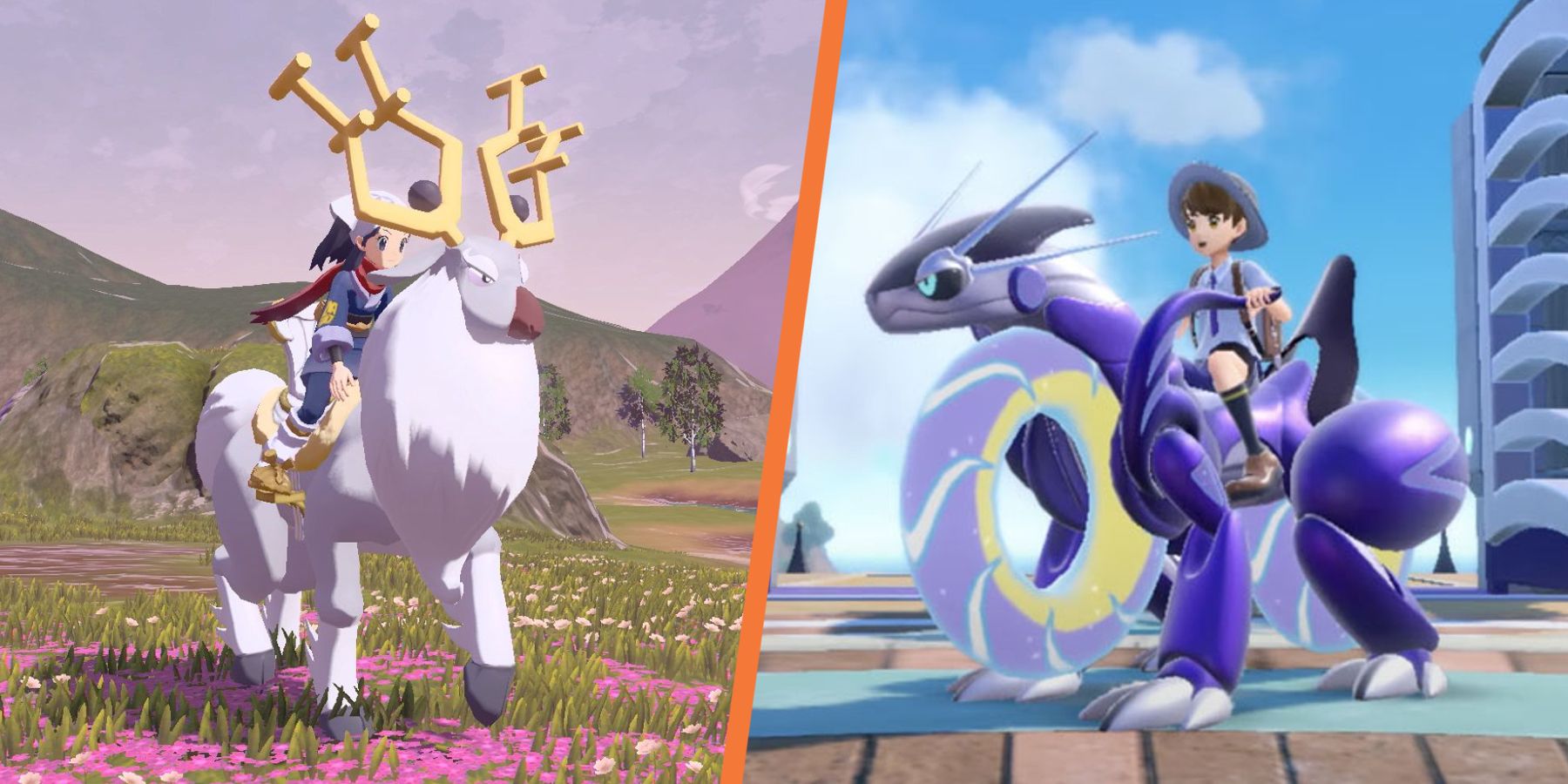Trainers from both Scarlet and Violet and Legends: Arceus riding Pokemon.