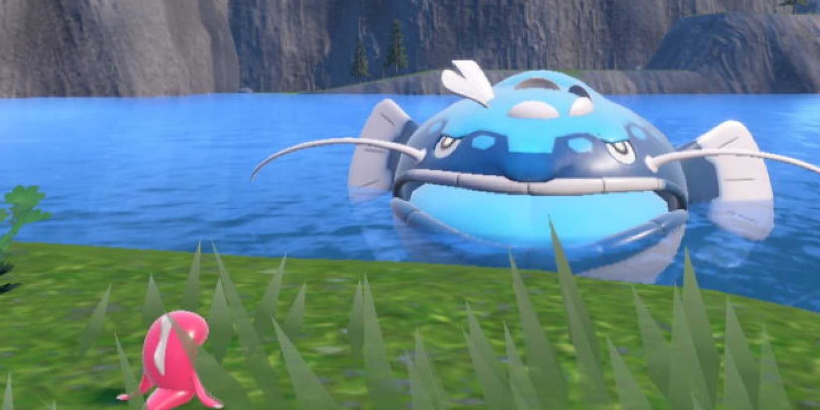 A red Tatsugiri on land staring at a Dondozo in the water