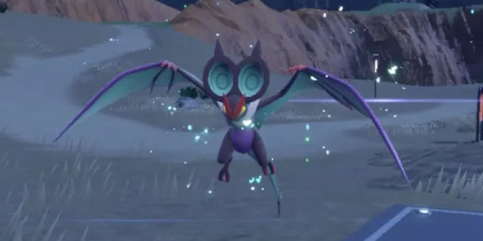 A Noivern sparkling after evolving at night in Scarlet/Violet