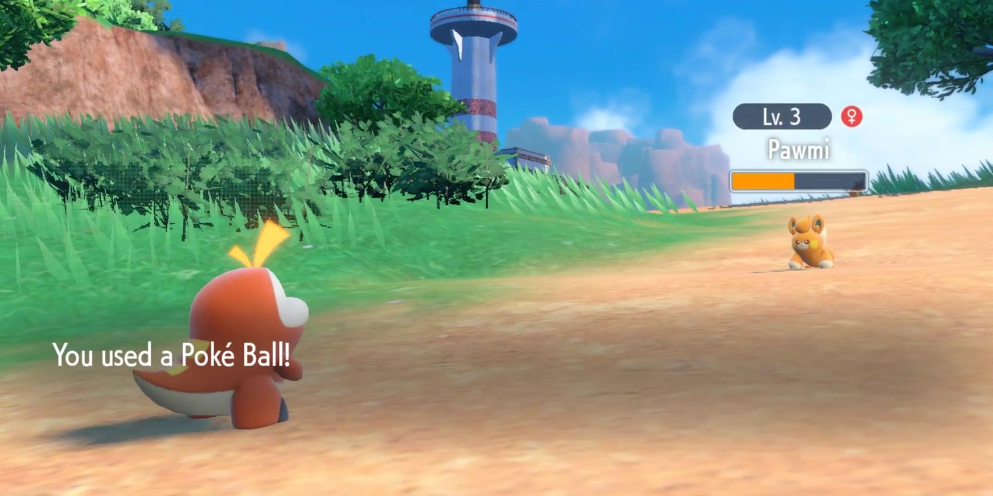 A player throwing a Poke Ball at a Pawmi battling a Fuecoco