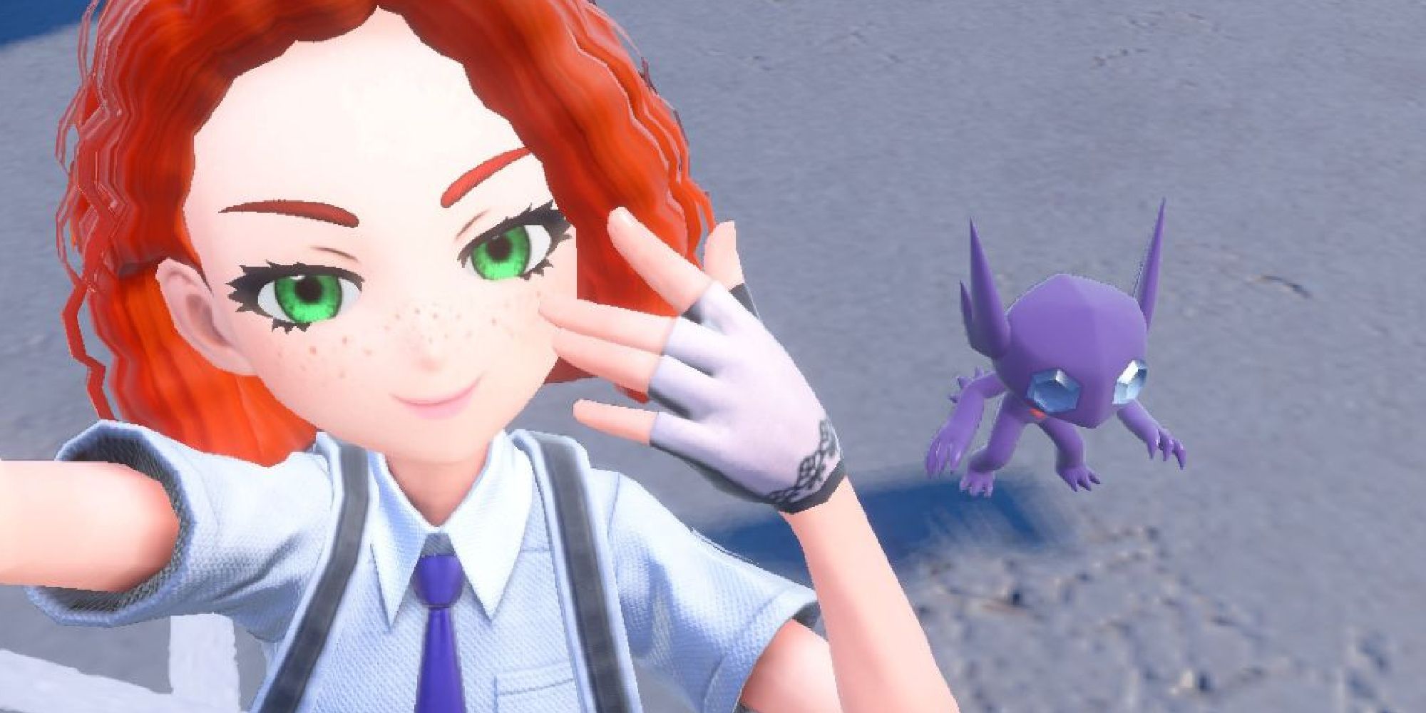 A red-haired player taking a selfie with Sableye