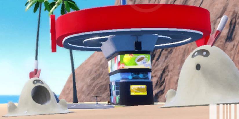 Two Sandygast gathered near a beach Pokemon Center