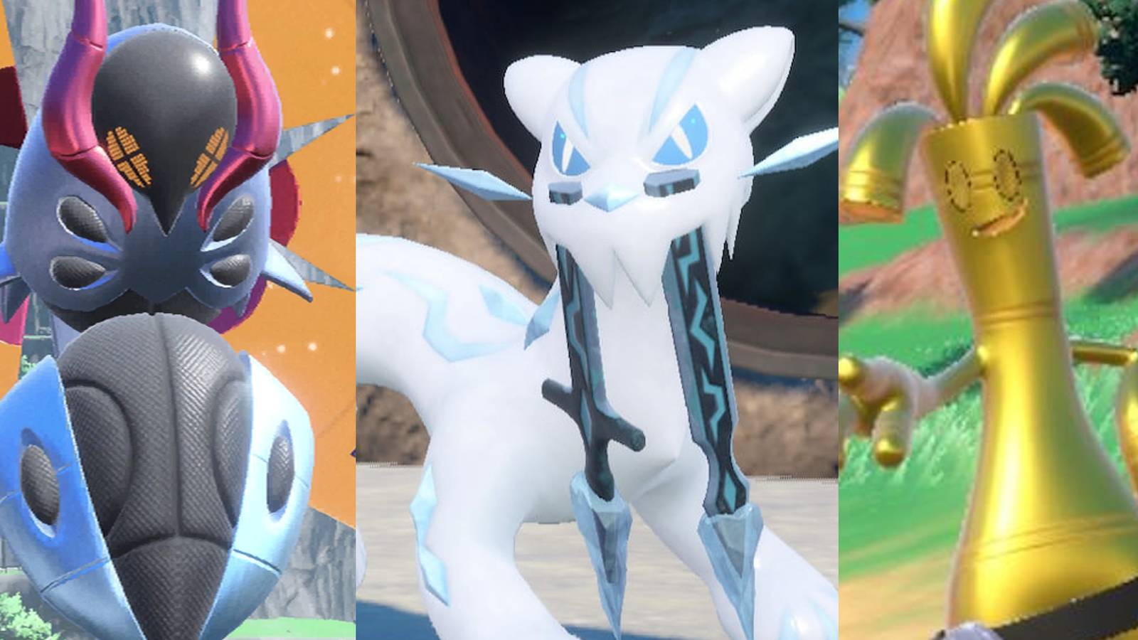 Iron Moth appearing in the daytime; Chien-Pao emerging from its cave in the day; Gholdengo after evolving in a field