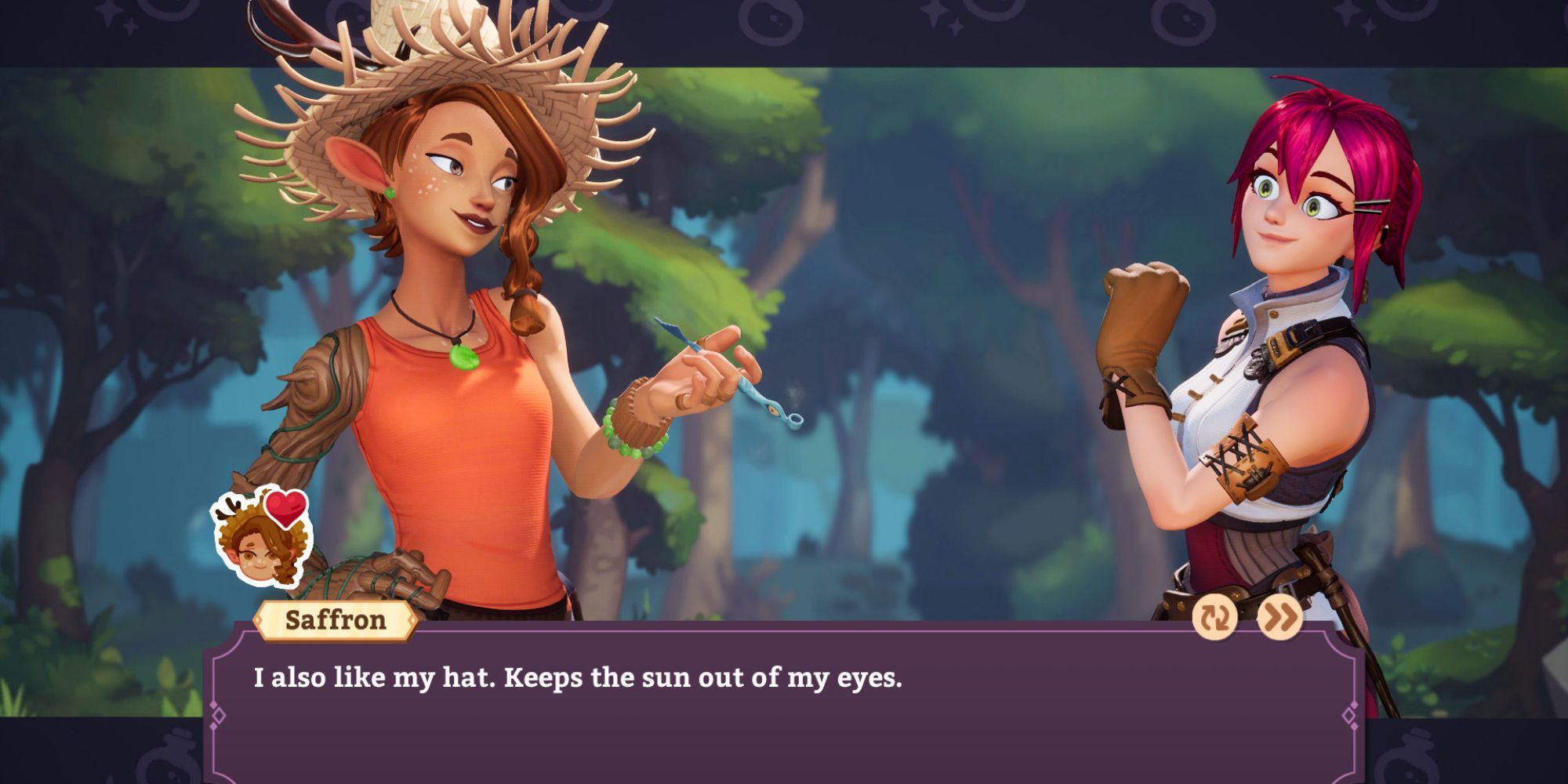 Saffron le dice al jugador que le gusta su sombrero, ya que le protege del sol en los ojos en Potionomics.