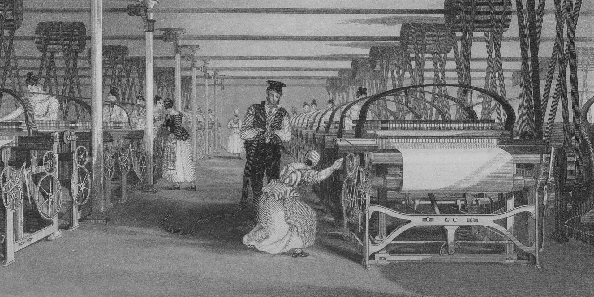 Powerloom_weaving_in_1835. Illustrator T. Allom, Engraver J. Tingle