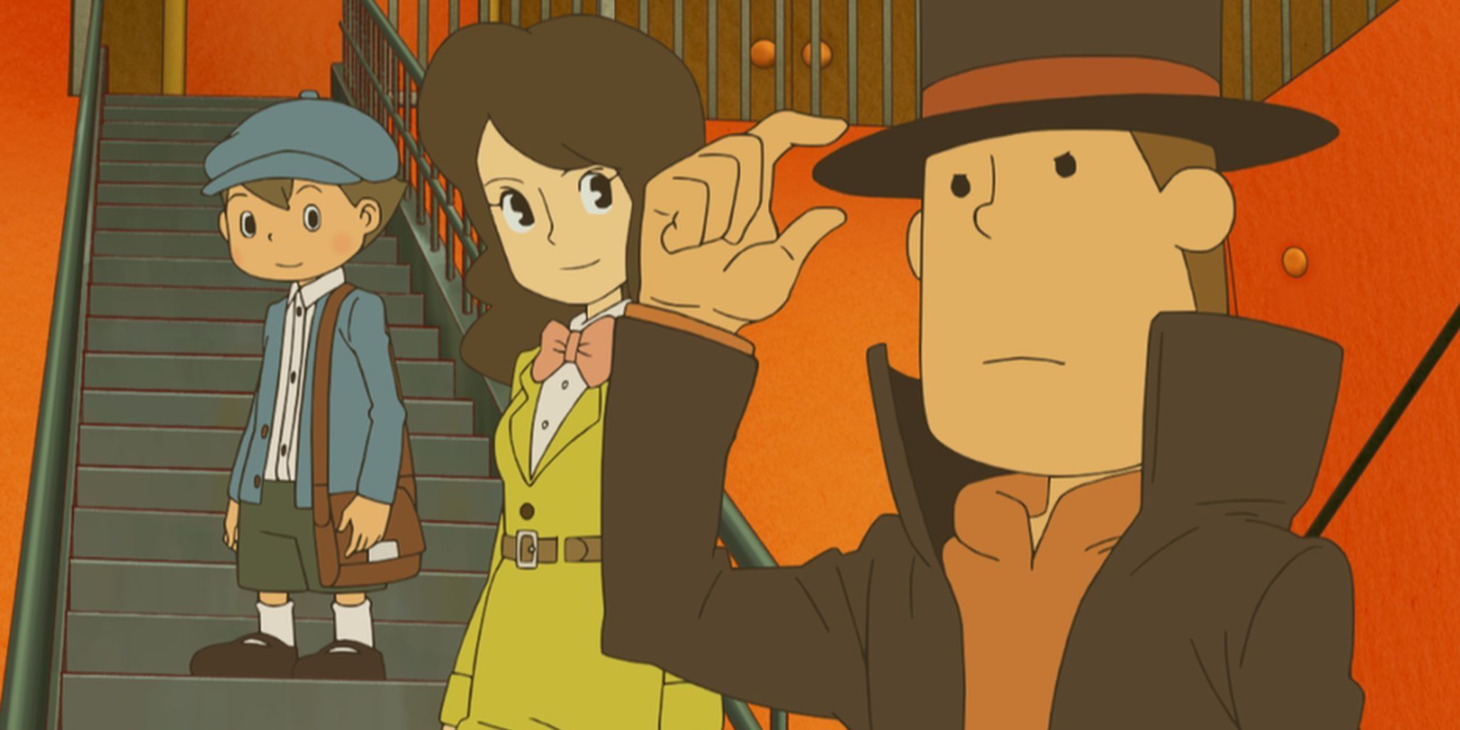 Luke, Emmy, and Professor Layton on a staircase in Professor Layton and the Azran Legacy