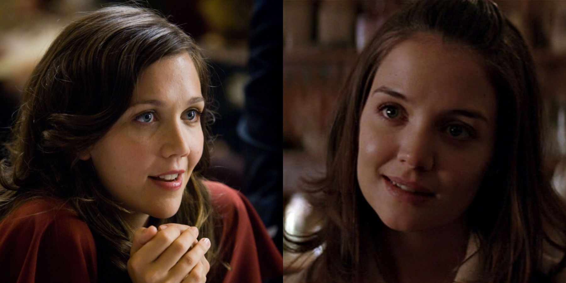 Maggie Gyllenhaal and Katie Holmes as Rachel Dawes in Batman trilogy split image