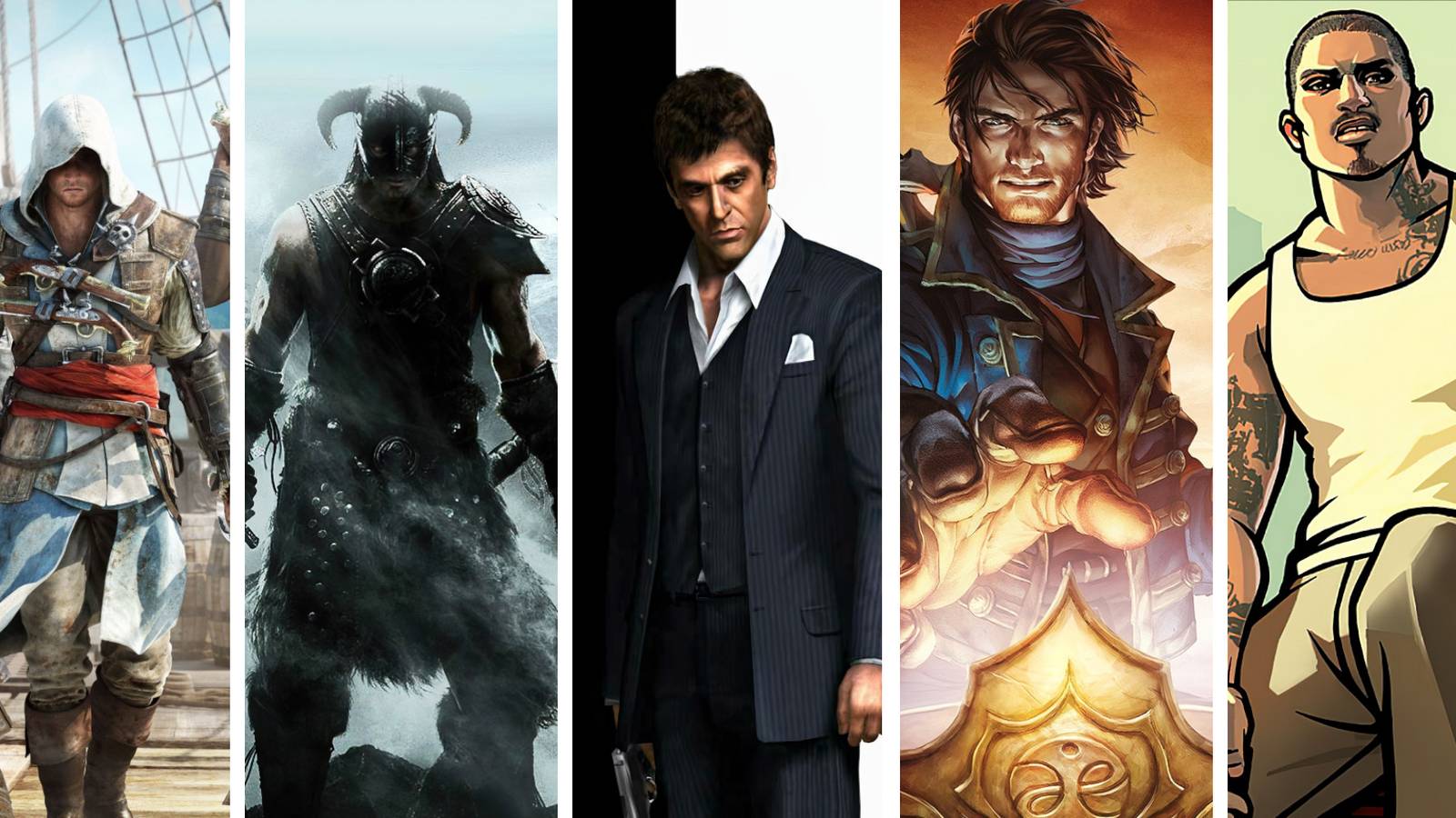 Characters pose: (L-R): Edward Kenway, Dragonborn, Tony Montana, The Hero, Cesar Vialpando