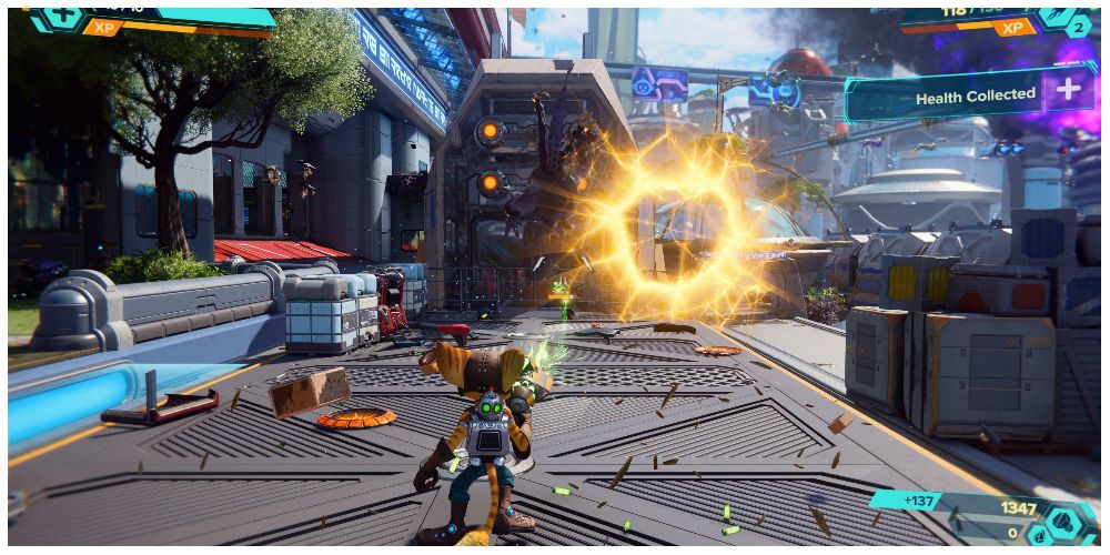 firing a weapon in Ratchet and Clank: Rift Apart