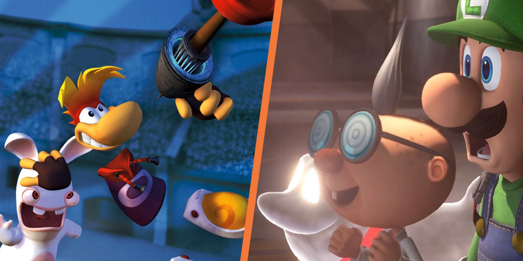 Rayman and Rabbids on the left, with Luigi and E Gadd on the right.