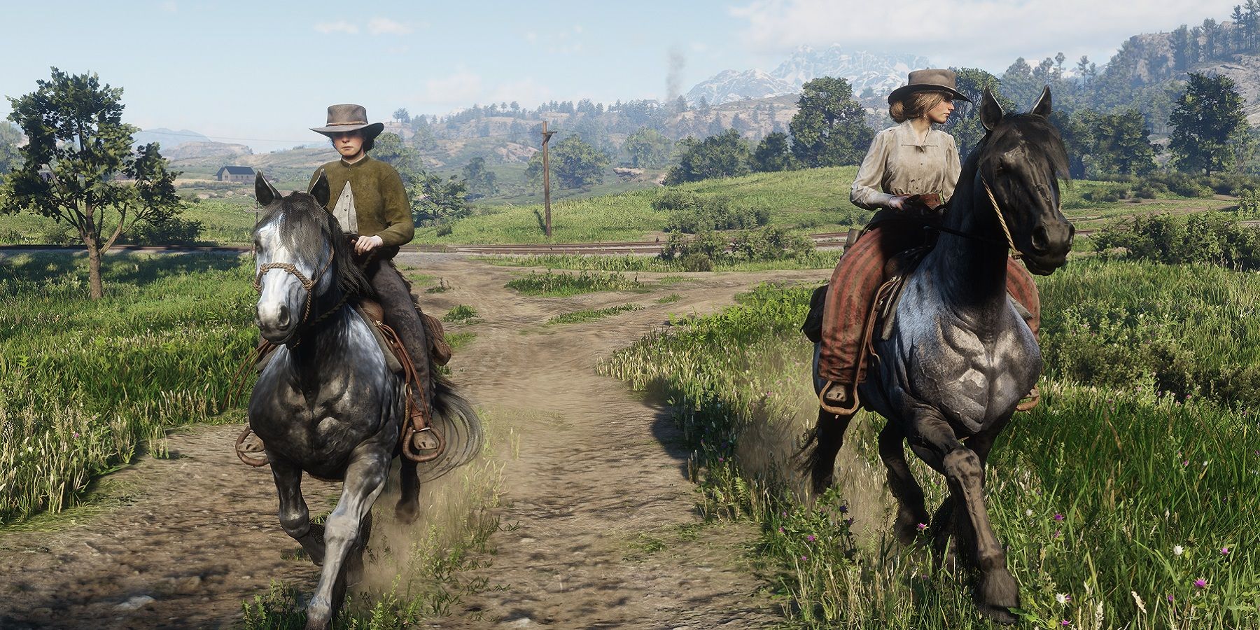 Image from Red Dead Redemption 2 showing two cowgirls riding horses.