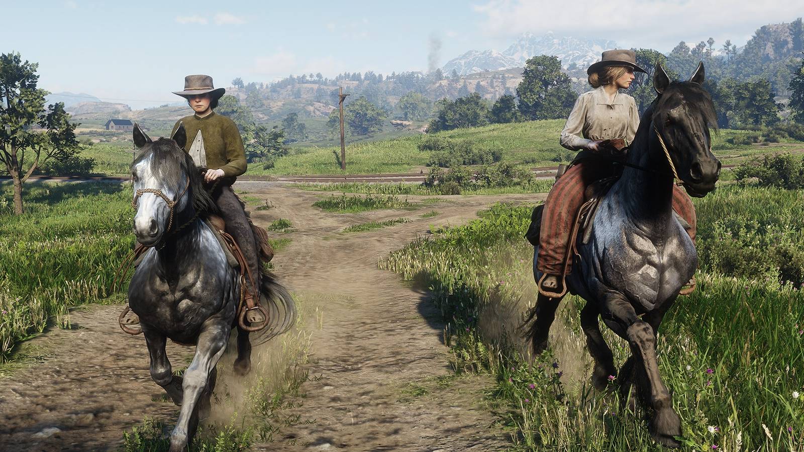 Image from Red Dead Redemption 2 showing two cowgirls riding on horses.