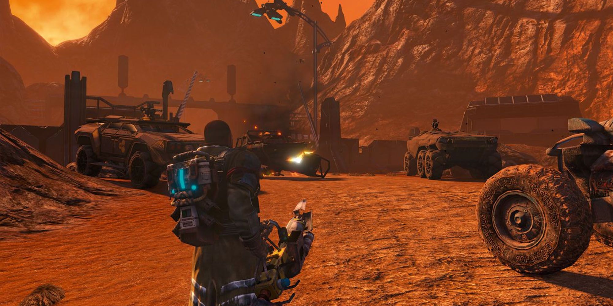 Player aiming gun on Mars surface