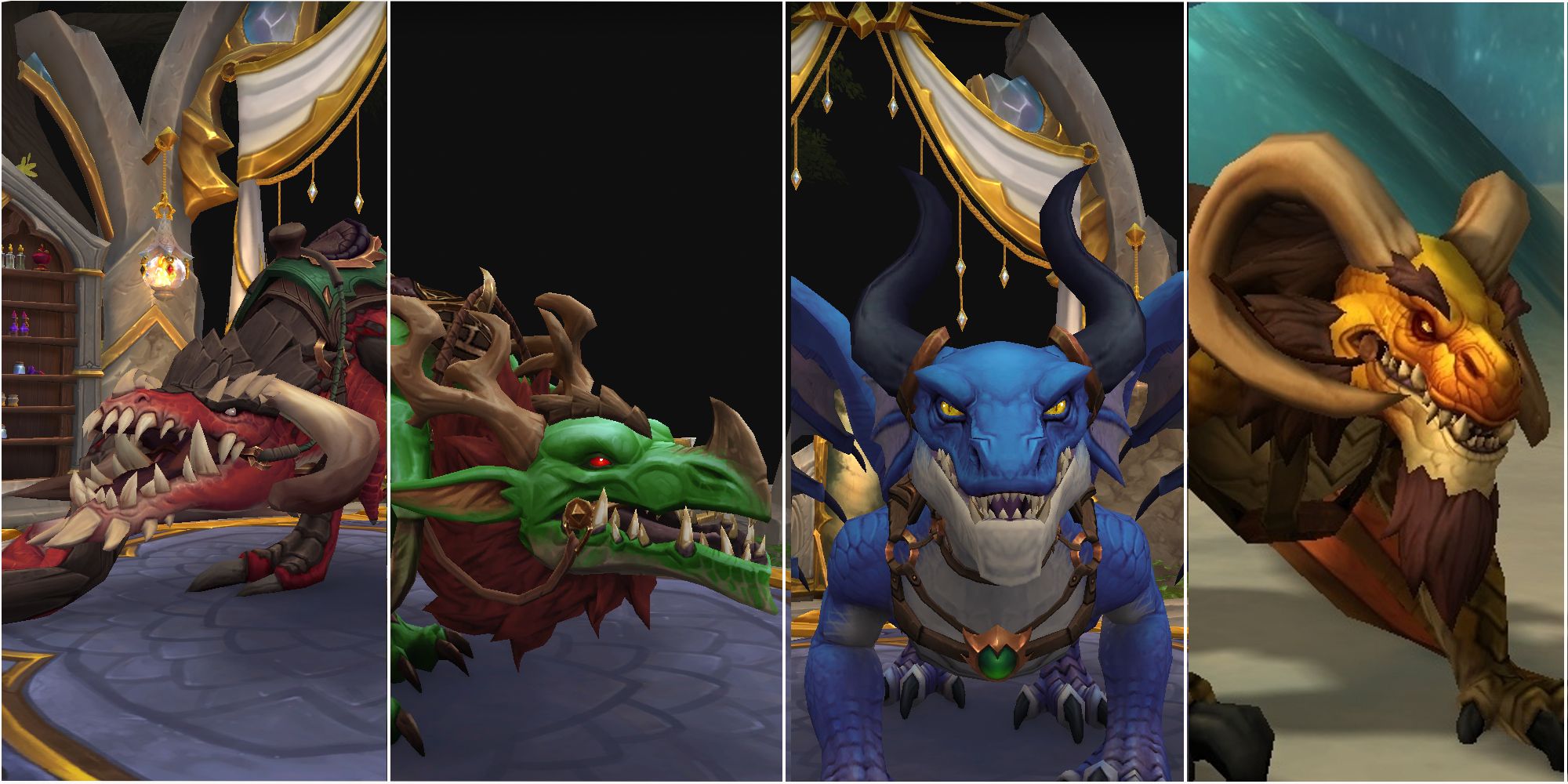 Renewed Proto-Drake, Windborne Velocidrake, Highland Drake and Cliffside Wylderdrake seen in World of Warcraft