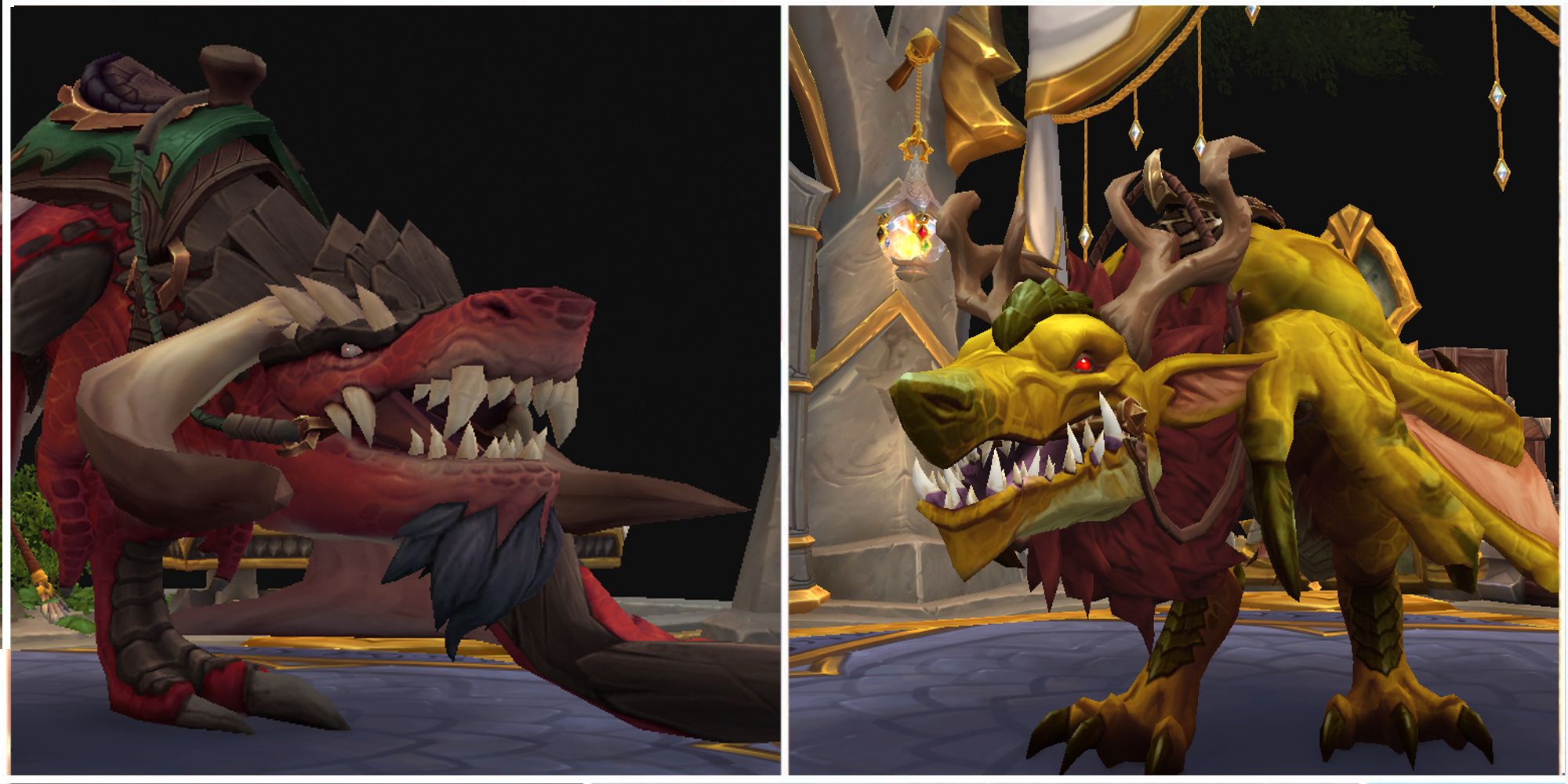 Renewed Proto-Drake with the shark snout and Windborne Velocidrake with the Wolf snout in World of Warcraft Dragonflight