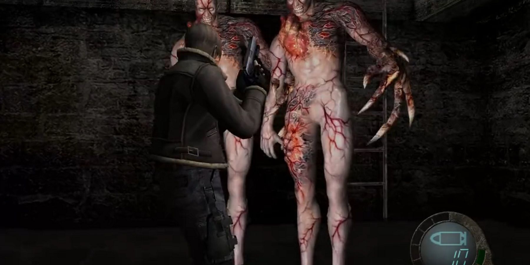Screenshot from Resident Evil 4 showing two REmake Tyrants approaching Leon Kennedy.
