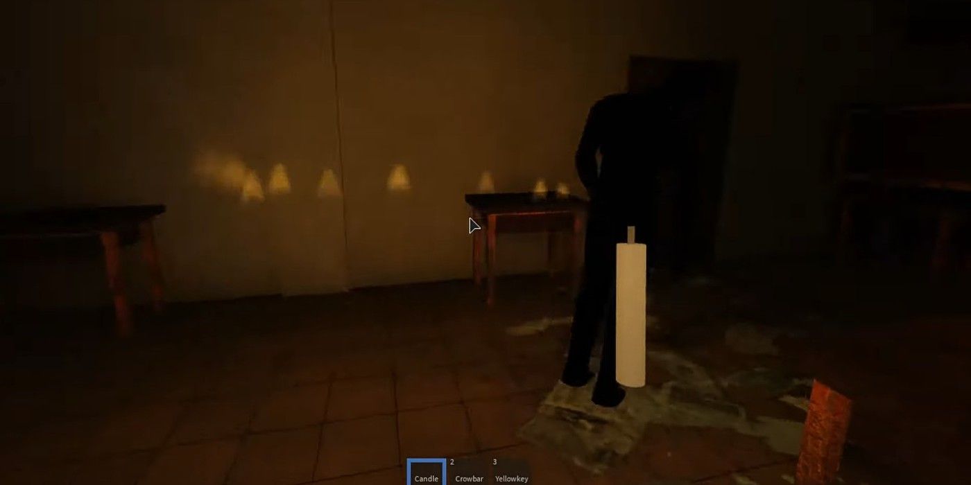 Roblox game School History holding candle in dark room with shadowy figure