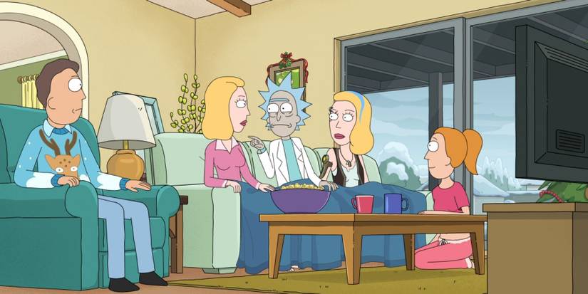 Rick and Morty family watching TV in living room Christmas finale