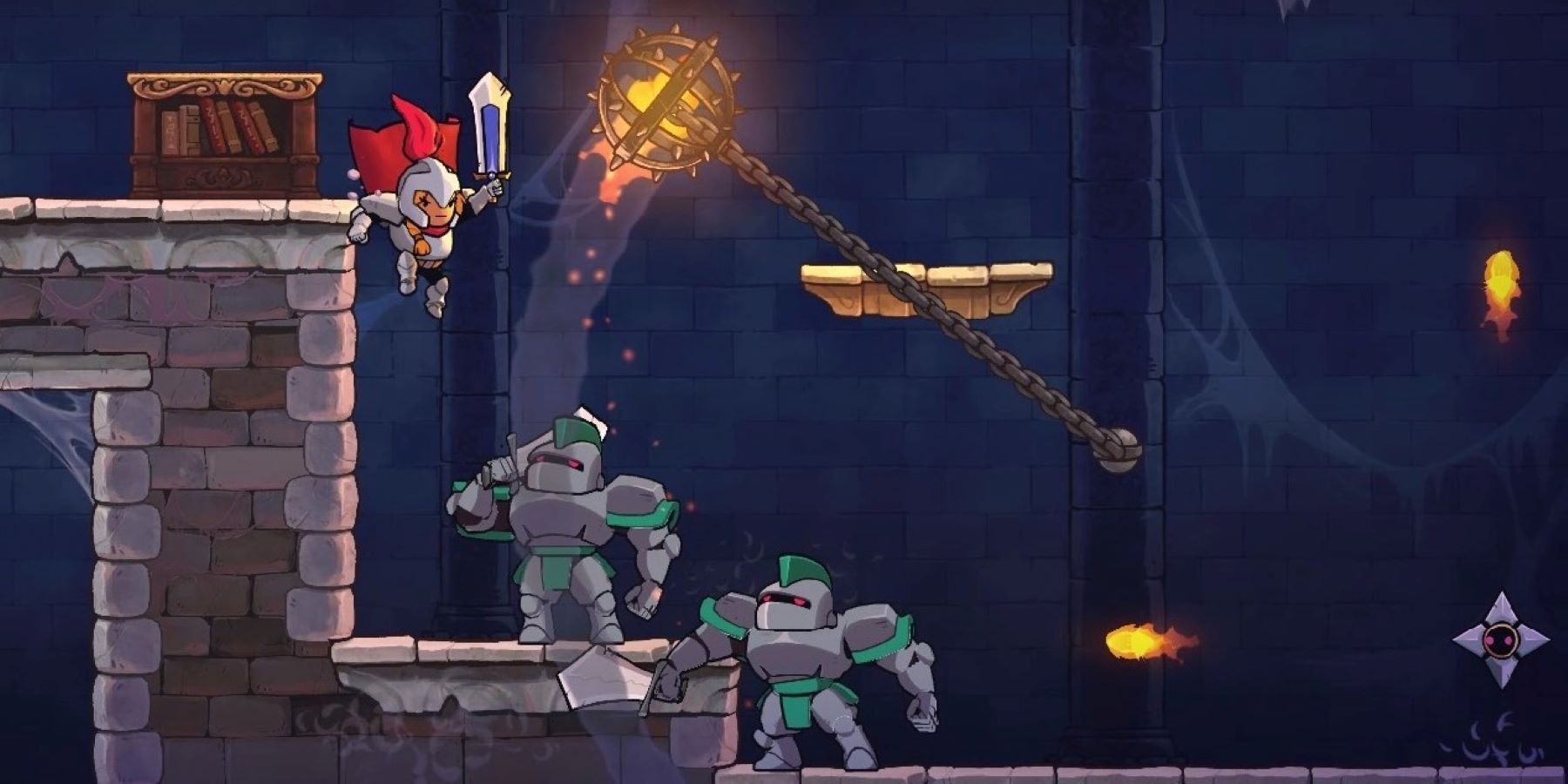 An armored Rogue Legacy 2 player jumping at two heavily armored enemies