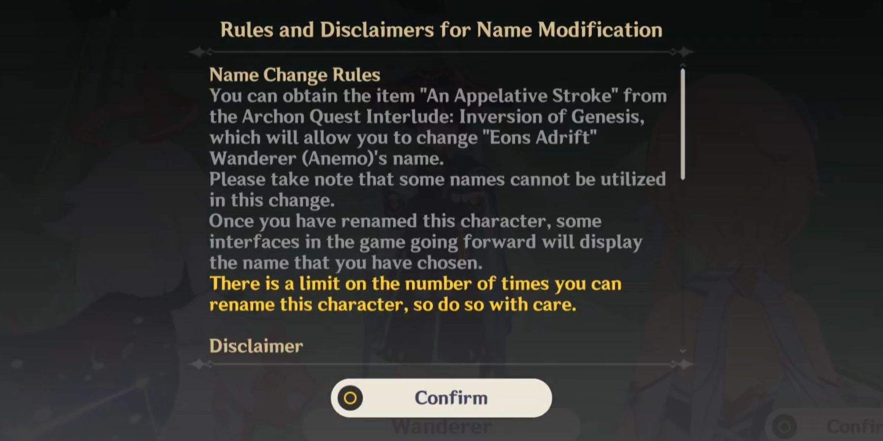 rules to rename the wanderer in genshin impact