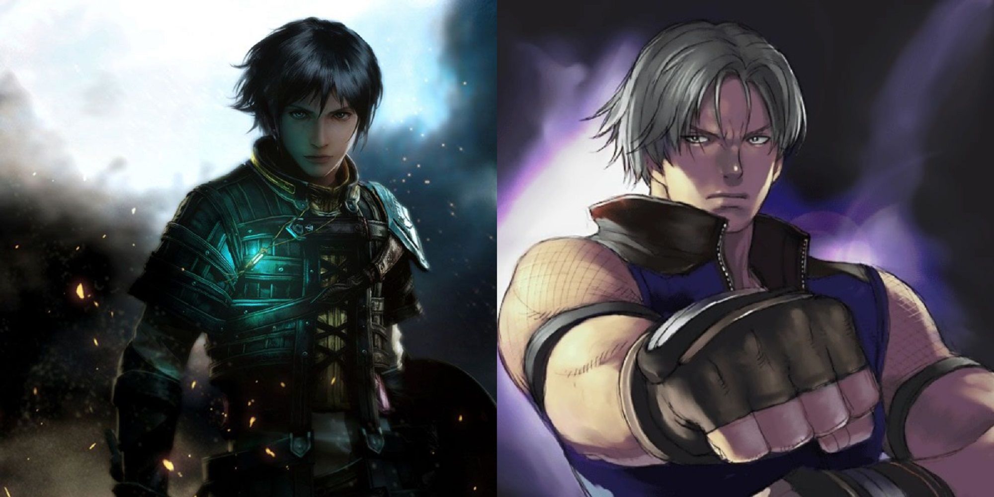 Split image of promotional artwork of Rush Sykes from The Last Remnant and Lee Chaolan from the prologue of Tekken 5